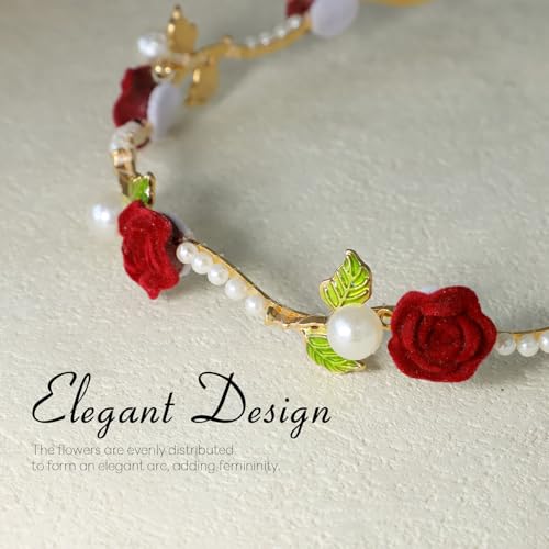 BYETOCE Red Rose Metal Hair Wreath Pearl Floral Flower Crown Headpiece Dainty Forest Style Headband Artificial Roses Hair Accessories for Girl and Flower Girls Bridal Wedding Party Photos