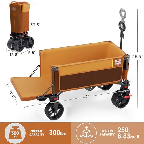 Image of Timber Ridge 47 inch L Collapsible Wagon with Tailgate & Brake, 300 lbs Heavy Duty Beach Wagon with All-Terrain Big Wheels, 250L Foldable Utility Cart for Sand Camping Sports Shopping, Orange