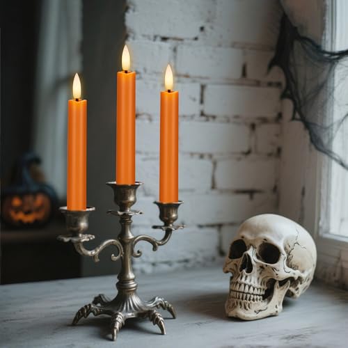 Image of Orange Flameless Taper Candles, 6 Inch Plastic Battery Operated Candles with Remote, Flickering Short Led Candleticks for Fall, Thanksgiving, Harvest, Halloween Decor, 6 Pack