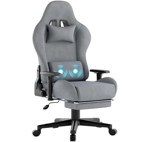TRIUMPHKEY Silla Gaming de Tela Transpirable, Silla de Oficina Ergonómica con Masajeador, Silla Gamer con Reposacabezas y Reposapiés, Sillón Gaming con Asiento Grande,150KG,Gris Claro