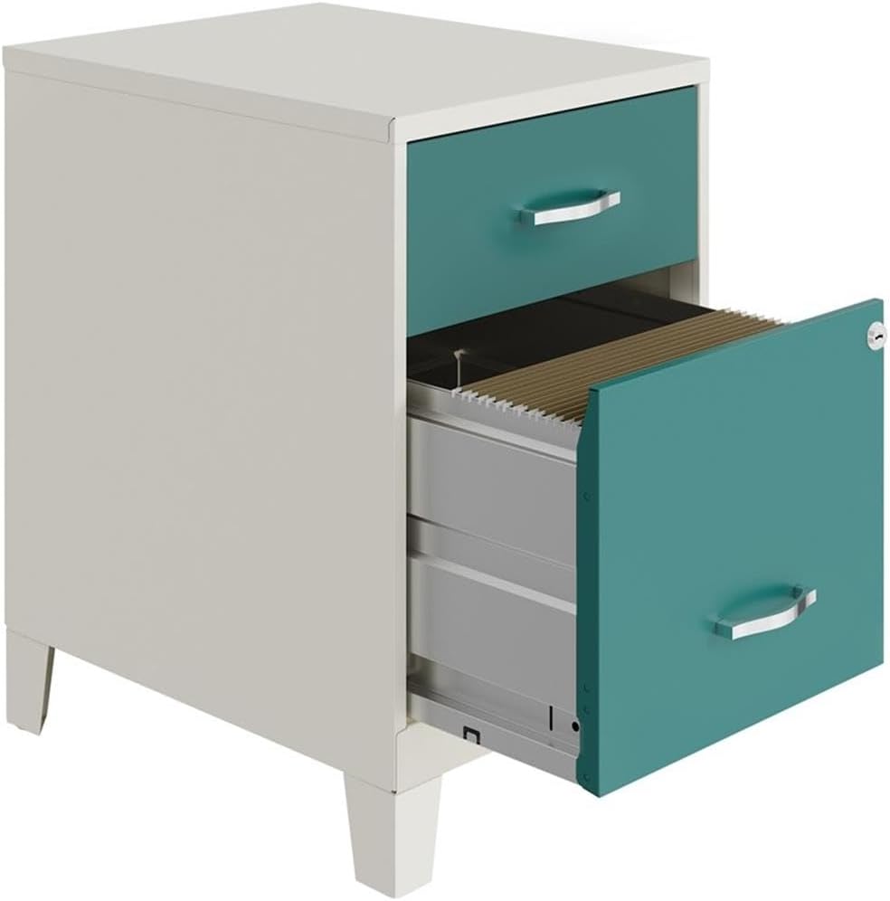BOWERY HILL 18" D 2 Drawer Metal Vertical File Cabinet with Legs, White and Teal Finish, Locking Letter Size File Drawer, Accessory Storage, Durable Steel Construction for Home or Office Use