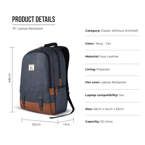 Image of Gear Classic 19 inch /23L Medium Faux Leather (without Anti Theft) Water Resistant Laptop Backpack /Casual Backpack /Daypack /Travel Backpack /College Bag For Men /Women (Navy-Tan)