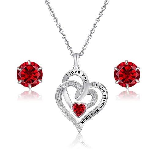 Cenland Mother’s Day Gifts for Mom Double Love Heart Necklace and Earrings Set for Women, Hypoallergenic Stainless Steel Jewelry with Cubic Zirconia, Birthday & Anniversary Presents for Wife, Grandma, Her (Red)