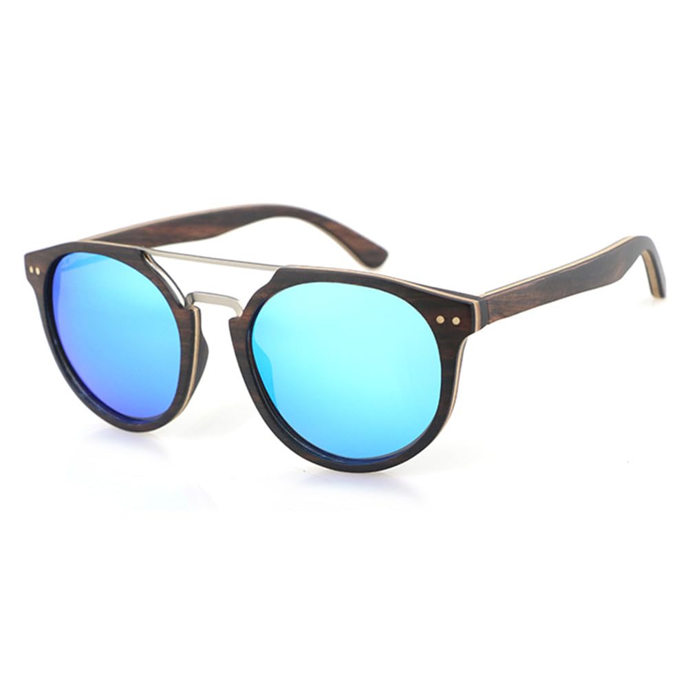 Runde Vintage-Sonnenbrille aus Holz für Männer und Frauen, polarisierte blaue verspiegelte Gläser, UV400, klassische Sonnenbrille