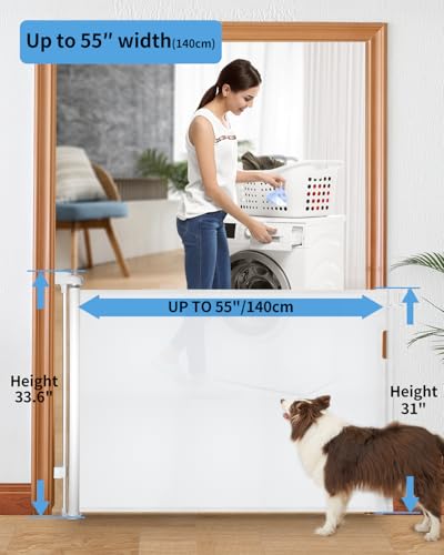 Image of (2 Pack) Retractable Baby Gate for Doorways and Stairs, Mesh Safety Gate for Pet, Indoor & Outdoor Use, One-Hand Operation, Easy Installation, 33.6 inch Tall, Expands to 55 inch Wide(White,33.6 inchx55 inch