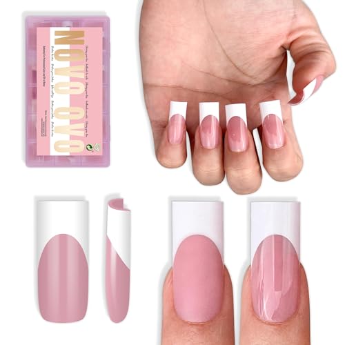 NOVO OVO Medium Sharp Square White French Tip Nail Tips Press on BERRY PINK Extra Thick NEED Builder Glue Gel & Top Coat Soft Gel Full Cover False Fake Nail Extension for Salon DIY x 15 Sizes 180 pc