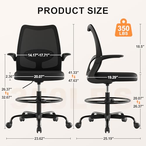 Tall Drafting Chair Ergonomic Home Office Desks Chairs Standing Desk Chair with Flip-up Armrests Adjustable Height Breathable Mesh Office Chair with Lumbar Support and Adjustable Footrest Ring Black - Image 4