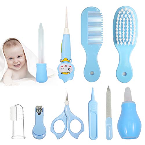 10 Pcs Trousse de Soin Pour Bébé Kit De Toilettage Pour Nouveau-Né Accessoires De Soins Pour Bébé Ciseaux Coupe-Ongles Peigne Brosse Soins de la des enfants Sûrs pour Nouveau-né, Fille et Garçon(Bleu) Cover