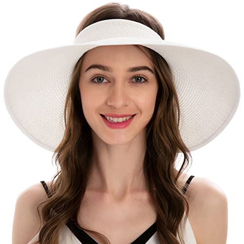 Straw Visor Hat For Women Sun Visor Packable Sun Hat Women Bow Visor Roll Up White Sun Hat With Ponytail Hole #TOP11