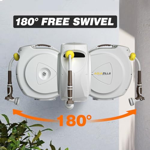 Image of Retractable Garden Hose Reel, 1 /2 in 75+6ft, Heavy Duty Wall Mounted Water Hose Reel, Spring power Automatic Rewind, Any Length Lock, 180 Swivel Bracket, 10 Pattern Spray Nozzle