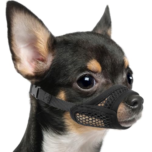Mayerzon Mesh Muzzle for Short Snout and Small Medium Dogs Anti-Biting, Focus on Brachycephalic Dogs like Chihuahua Pomeranian, Breathable Fabric, Opening Front, Allow Panting, for Grooming Vet Visits