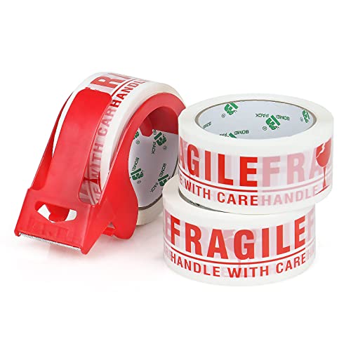BOMEI PACK 3 Rouleaux Ruban Adhésif Fragile 48 mm x 66 m avec dévidoir pour colis et boîtes, Ruban adhésif emballage fragile Cover