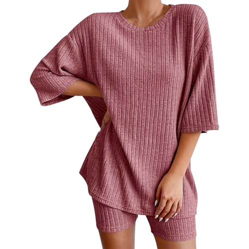 Conjunto de pijama acanalado para mujer, paquete de 2 conjuntos suaves a juego con camiseta y pantalones cortos de motociclista, ropa de descanso de verano o ropa de dormir, rosso, S