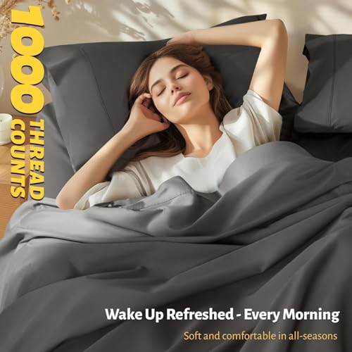 Shilucheng 100% Egyptian Cotton King Size Sheets Set - 1000 Thread Count,Luxury Cotton Bed Sheets,Breathable & Cooling Bedding and Pillow Cases, 16 Inch Deep Pocket - 6 Piece (Dark Grey, King)