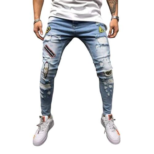 Jeans Pants Trouser Denim Tight Piercing Street Trendy Badge Embroidered Micro Elastic Slimming Small Leg for Men