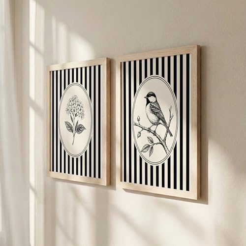 Image of NoWorries Vintage Botanical Bird & Floral Wall Art Prints Set of 2, Black and White Striped Gallery Wall Decor, Minimalist Farmhouse Bird Illustration, Framed Nature Artwork for Living Room Bedroom Office (Art-1, 10x13inch)