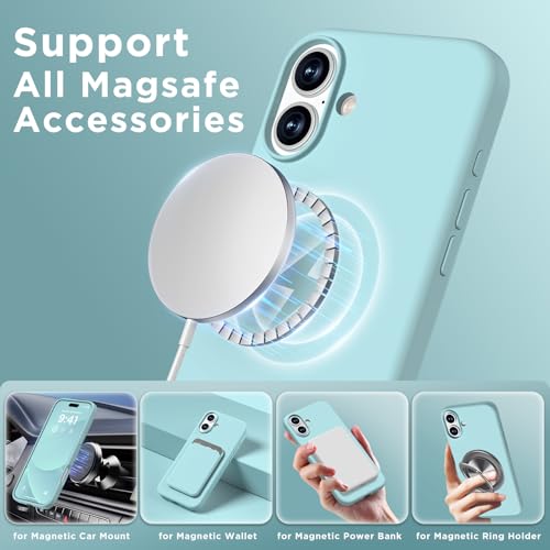 Image of Magnetic for iPhone 16 Case, Compatible with Magsafe, Suction Cup Phone Mount, [2 Screen Protectors][Camera Lens Protector] Silicone Shockproof Protective Slim Phone Cover 6.1 inch, Light Cyan