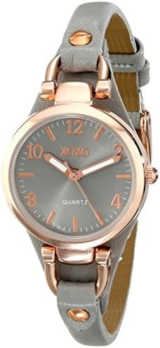 XOXO Women's Analog Watch with Rose Gold-Tone Case, Gray Sunray Dial, Narrow Gray Leather Strap - Official Woman's Rose-Gold Watch - Model: XO3400