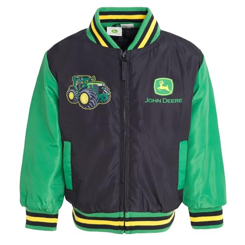John Deere Tractor Little Boys Varsity Zip Up Bomber Jacket Black/Green 7-8