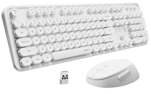 Image of XECH Wireless Keyboard Mouse Combo for Laptop & PC, Typewriter Retro Round Keys, Single Nano USB Receiver, Full Size 104 Keys, 2.4GHz Plug & Play, Birthday Gifts for Men, Husband (Keypop, White)