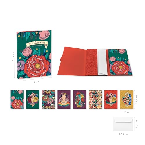 Clairefontaine 116234C - Korrespondenzset Frida Kahlo mit 8 Einzelkarten 11x15,5 cm sortiert und 8 Umschlägen Pollen C6 naturweiß, 1 Set