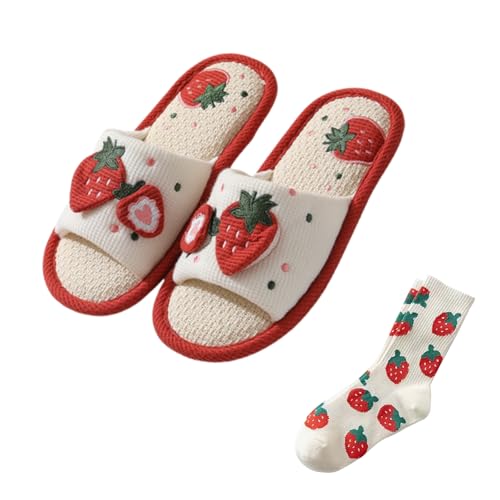 Women's Girls Strawberry Slippers Linen Cotton Slippers Cute Breathable Home Slippers Floor Non-Slip Slides For Bedroom Room