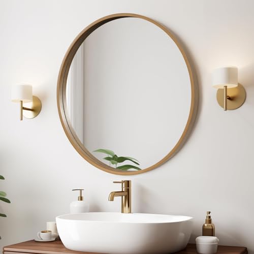 Image of WallBeyond Round Wood Mirror 24 inch Circle Wall Mirror for Bathroom Round Wall Mirror for Wall Decor, Vanity, Entryway Living Room, Honey