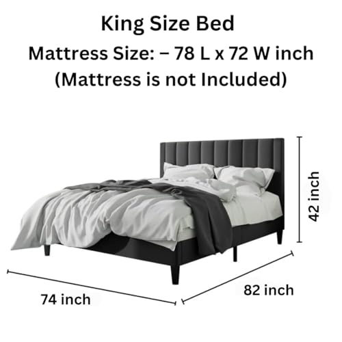 Image of SUHAVI Upholstered Bed King Size Without Storage Solid Sheesham Wood Modern Premium Fabric Upholstery Cushion Headboard | King Bed for Bedroom Wooden Double Bed Cot 1 year warranty 78x72 Black