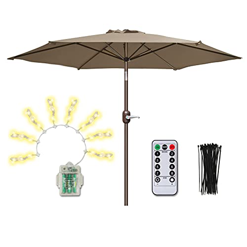 8 ft Patio Umbrella Outdoor Table Umbrella with Push Button Tilt and Crank + Umbrella Lights 8 Lighting Mode 104 LED String Lights with Remote Control Umbrella Lights Battery Operated (Taupe)