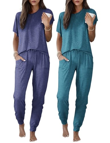 Image of Ekouaer 2 pack Womens Pajama Short Sleeve Jogger Pants Pjs Lounge Set | Pajama Sets with Pockets Comfy Sleepwear for Daily Wear, Sleep, Home, Sport, Workout