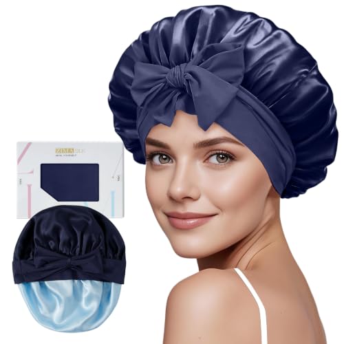 ZIMASILK 100% Mulberry Silk Bonnet for Sleeping Women Long Hair, Navy Blue