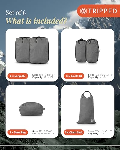 Premium Compression Packing Cubes for Travel, Compression Packaging Cube, Zip Bags Premium 6-Piece Set with laundry bag and shoe bag by TRIPPED Travel Gear (Grey)3