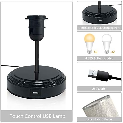 2 Pack Touch Control Bedside Table Lamp Dimmable Nightstand Light Brightness Adjustable Lamp with Fabric Shade for Bedroom Living Room, 4 LED Bulbs Included