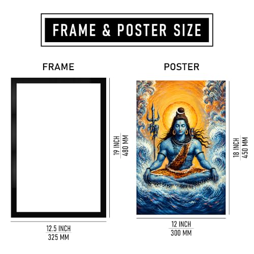 Image of Lord Shiva Premium Framed Wall Poster (12x18 Inch) | Shiva Meditation Wall Art | Hindu Spiritual Decor with Trishul & Ocean Waves for Puja Room, Bedroom, Living Room & Meditation Space