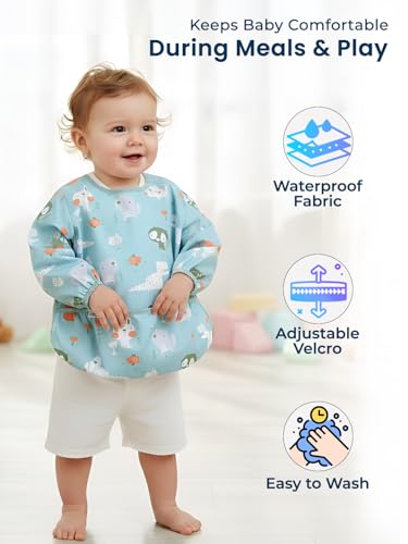 Image of POLKA TOTS Reusable Full Sleeve Baby Bibs for Infants & Toddlers | Waterproof & Washable Feeding Apron with Food Catching Pocket | Drooling Apron | Food Catcher | Clothing Protector for Boys & Girls
