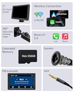Portable Apple Carplay Screen for Car, 7" HD Car Stereo Touchscreen with Wireless CarPlay & Android Auto, Mirror Link, Bluetooth, Voice Control, Memory Card Playback, AUX - Fits All Vehicles