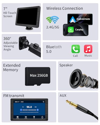 Image of Apple Carplay Screen for Car, 7 inch Portable Car Stereo with Wireless Car Play & Android Auto, Mirror Link, Hands-Free, Voice Control, Memory Card Playback - Fits All Vehicles