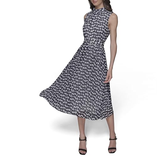 KARL LAGERFELD Vestido midi sin mangas con cinturón estampado para mujer, Sft Wht/Marne Combo, 10