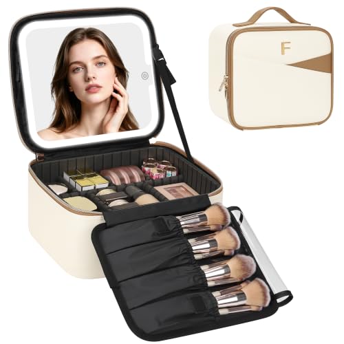 Relavel Birthday Gifts for Women Teen Girls, Initial Makeup Bag with LED Mirror, Personalized Cosmetic Organizer with 3 Light Modes, Rechargeable Travel Bag with Compartment & Adjustable Dividers - F