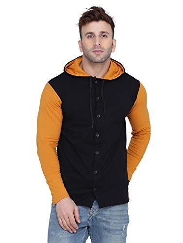 Image of Geum Men's Full Sleeve Hooded T-Shirt with Button-Down Front | Casual Slim Fit Cotton Shirt-Style Tee