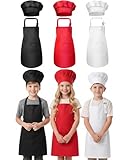 Chengu 6 Pieces Kids Chef Hat Apron Set, Boys Girls Adjustable Cotton Aprons Kitchen Bib Aprons with 2 Pockets for Kitchen Cooking Baking Wear (Large , Color 1)