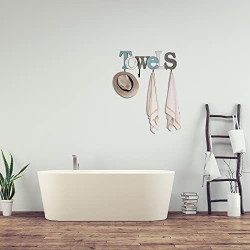 Veclotch Rustic Wood Towels Sign With Hooks, Decorative Cutout Word Sign Wall Decor, Multicolor Wooden Towels Word Sign Block Letters Wall Mounted Decorative Sign Bathroom Decor, Multicolor #TOP3