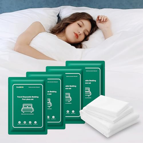 Image of 4 Pack Disposable Bed Sheet Queen Size for Hotel, Portable Bedspread, Disposable Bedding Set with Bed Sheet Quilt Cover and Pillowcase for Travel SPA Hotel