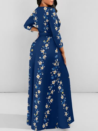 Image of Women Plus Size Long Sleeve V Neck Maxi Dress with Belt | Soft fabric relaxed fit three quarter sleeve v neck with pockets for party and daily wear