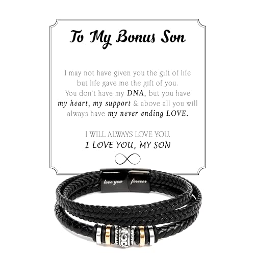 KOLSTRAW To My Bonus Son Bracelet Gift Meaningful Jewelry from Bonus Parents with Message Card and Gift Box Perfect for Birthday Graduation or Christmas