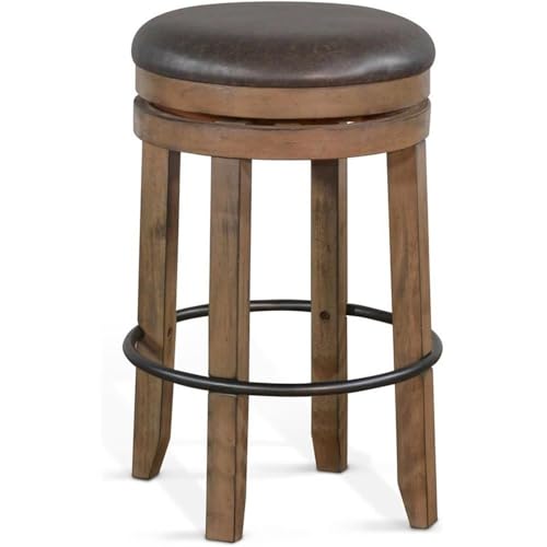 Butaco giratorio sin respaldo de madera Pemberly Row, acabado marrón tostado, juego de 2, asientos de vinilo duraderos, estilo rústico, para cocina o bar, altura de asiento de 30 pulgadas miniatura 4