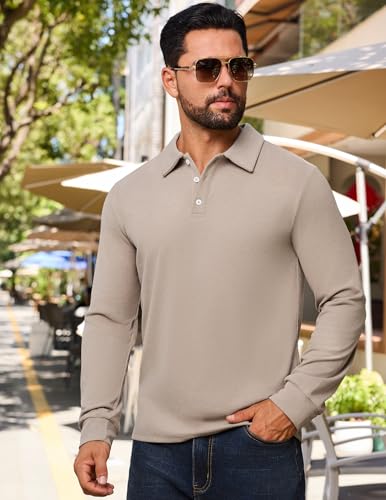 Camiseta Polo Hombre Manga Larga Cuello con Botones Casual Trabajo Pulóver | Ultra suave, Estiramiento, Forro polar térmico, Textura vertical fina, Ajuste holgado, Sólido, Polo térmico para golf miniatura 6