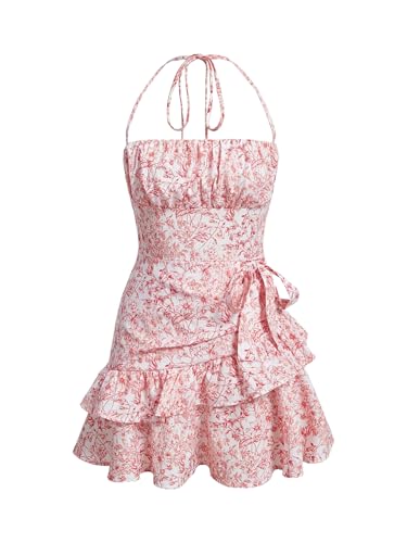 Floerns Women's Floral Halter Ruffle Tiered Cute Summer Mini Dress Milkmaid Vacation Sundress
