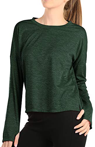 icyzone Workout Shirts for Women - Athletic Pullover Running Tops Casual Long Sleeve T Shirts with Thumb Holes (S, Dark Green)