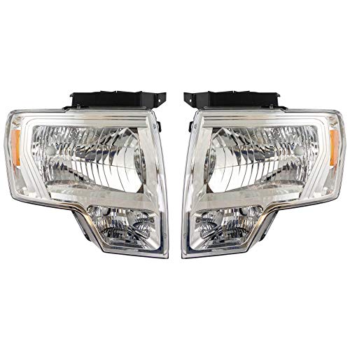 Image of TRQ 2 Piece Headlight Assembly Set Halogen Chrome Bezel Driver & Passenger Side Compatible with 2009-2014 Ford F-150 FO2502287 FO2503287